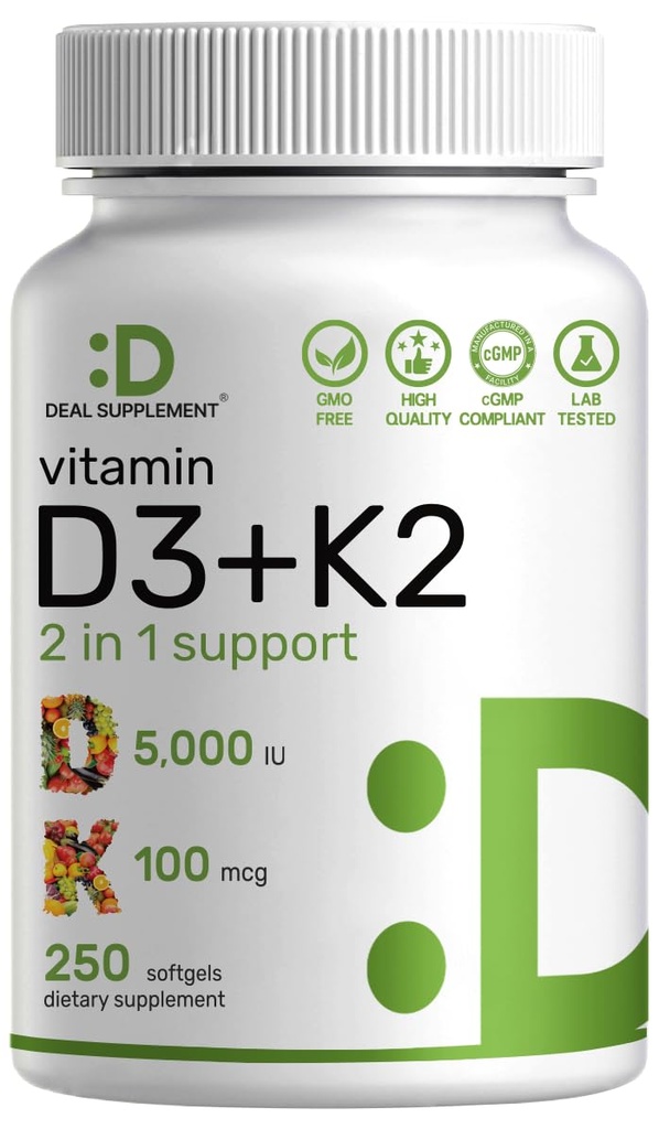 Vitamina D3 5000 IU + K2 MK7 Softgels, 250 Count | 2-in-1 Complex | Facile da ingoiare