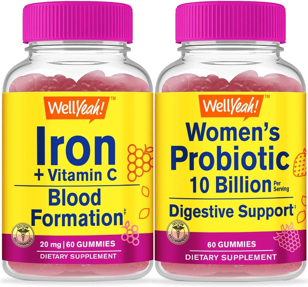 WellYes Iron+Vitamin C + Probiotics Women 10B CFU, Gummies Bundle - Grande degustazione, Integratore di vitamina, Gluten Free, OGM Free, Masticabile