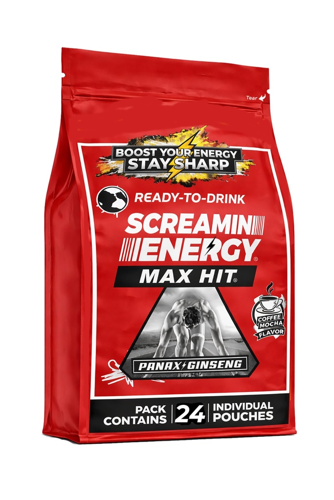 Screamin Energy Max Hit - Energy Shots Extra Strength with Ginseng & Caffeine - 100% B-1, B-2, B-3, B-6, B-7 e B12 Coffee Mocha, 24 Count