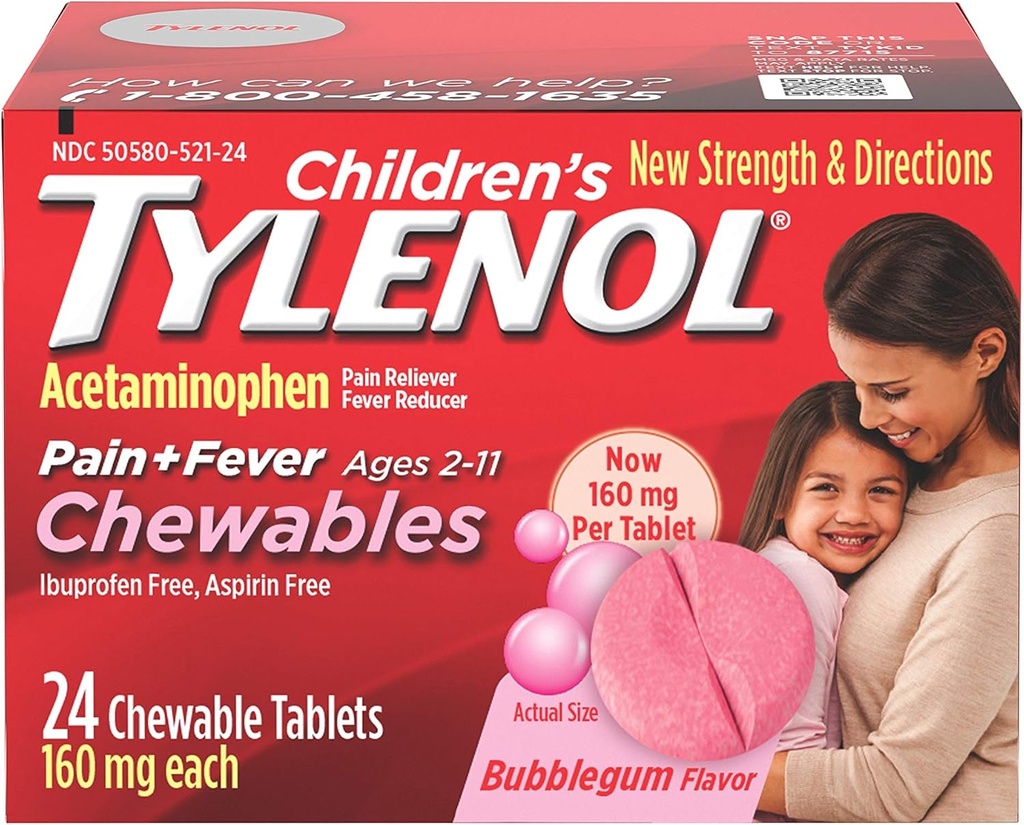 Masticabili di Tylenol per bambini, Acetaminophen per sollievo dal dolore e dalla febbre, gomma della bolla, 24 ct