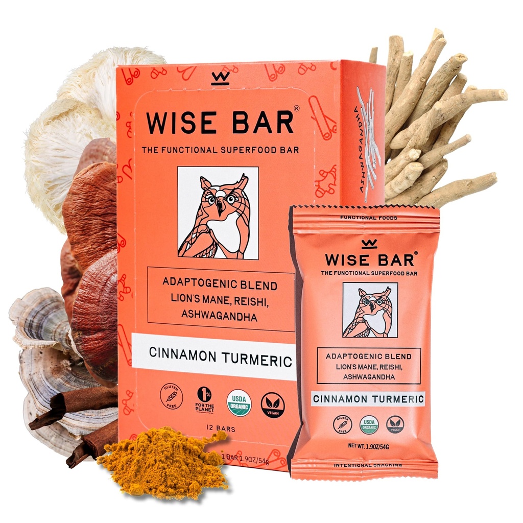 WISE BAR Adaptogen Mushroom Nutrition Bars with Reishi, Lions Mane & Ashwagandha, Organic Vegan & Gluten Snacks gratuiti per la messa a fuoco naturale, Energy & Immunity Support, Cinnamon Turmeric Flavor, 12 Count