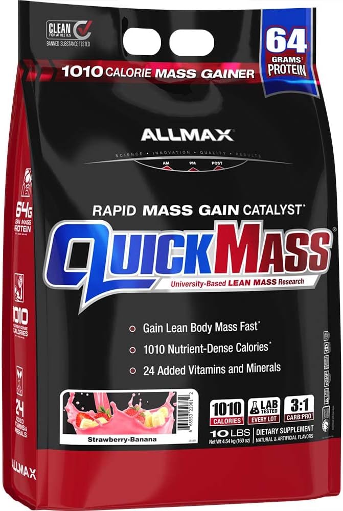 ALLMAX Nutrition QUICKMASS, Strawberry Banana - 10 lb - Rapid Mass Gain Catalyst - Fino a 64 Grammi di Protein Per Serving - 3:1 Carb to Protein Ratio - Zero Trans Fat - Fino a 70 Serve