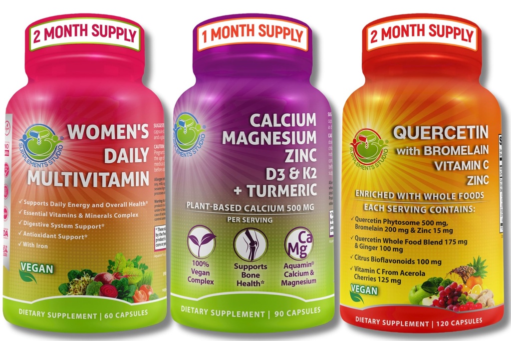 Immune a base vegetale, Bone & Energy Support Bundle – Quercetin con Bromelain, Vitamina C & Zinc + Magnesio Calcium con D3, K2 & Turmeric + Multivitamina femminile con Ferro e Superfici Organici