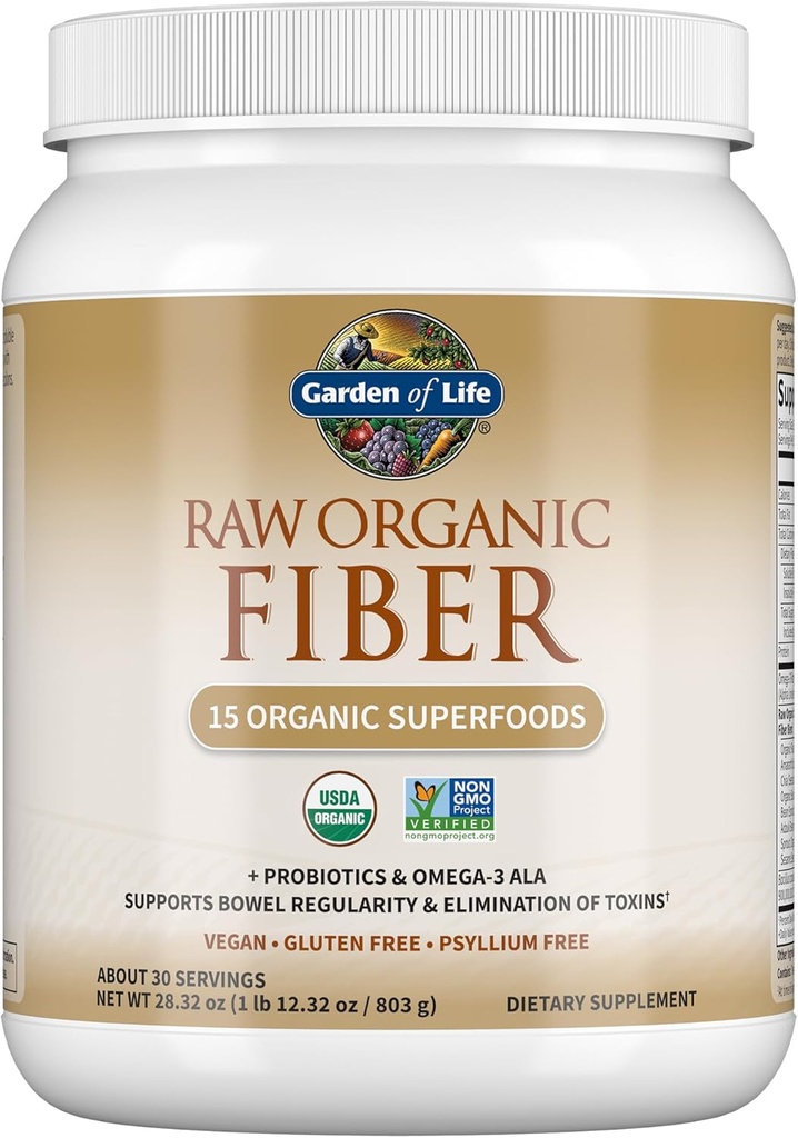 Polvere di fibra biologica cruda del giardino di vita, 30 Serve, 15 Superfood organici, Probiotici, Omega-3 ALA, 4g fibra solubile, 5g insolubile per regolarità, Psyllium Husk Free