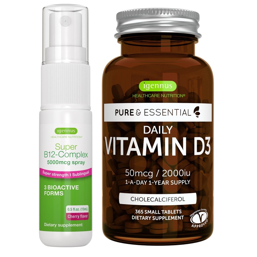 Vitamina giornaliera D3 + Super B12-Complex 5000mcg Bundle vegetariano, 365 2000iu Vitamin D3 Compresse + Spruzzo sublinguale di Cherry Flavor ad alta resistenza B12, di Igennus