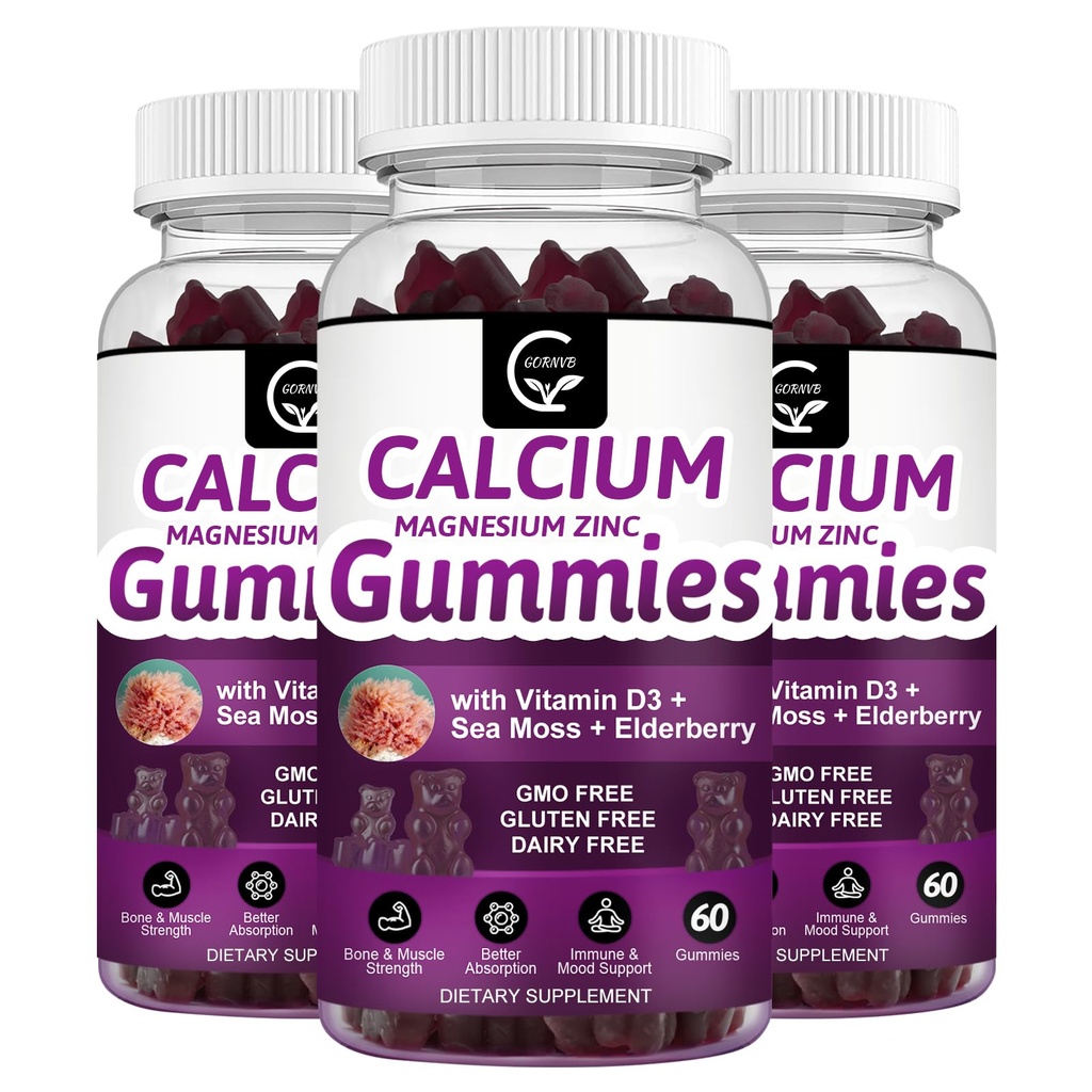 Calcium Magnesio Zinc Gummies con alto assorbimento Magnesio Glycinate Potassium - Complesso vegetale Magnesio 2:1 Ratio, con D3 Sea Moss per Bone, Muscoli, Immune & Sleep Support, Vegan-3 Pack