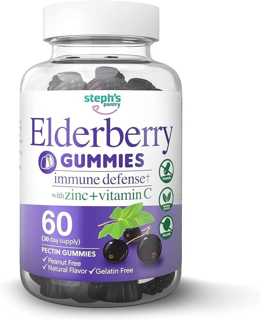 Gummie di sambuco con vitamina C e zinco - Gummie di sambuco Immune Booster per adulti e bambini - Ingredienti naturali vegani Difesa Multivitaminici con supporto antiossidante (60 Gummies)