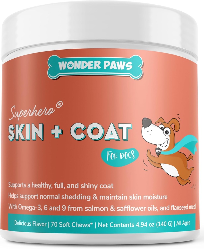Wonder Paws Skin & Coat Supplemento per cani con olio di salmone, Omega 3 & 6, EPA & DHA, promuove la pelle sana e cappotto, Itchy Relief, Joint and Overall Health, Delicious Flavor, 70 pelle & coat Soft Chews