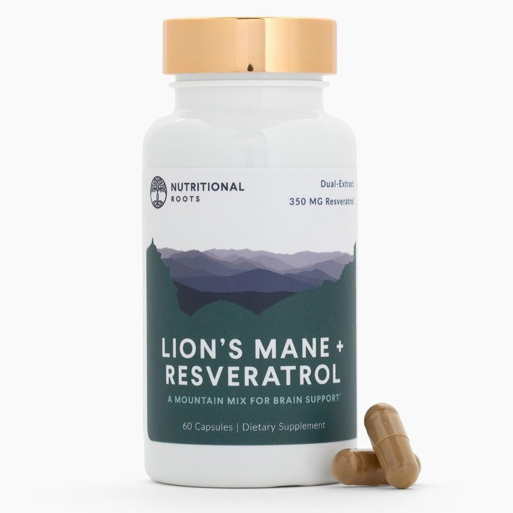 Radici nutrizionali - Lion’s Mane + Resveratrolo - Con 800mg Lion’s Mane Extract & 350mg Trans-Resveratrol Per Serve - Supporta la salute del cervello e del cuore - Supplemento alimentare - 1 Mese di alimentazione - 60 Capsule