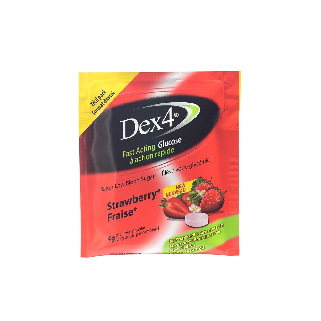 Dex4 compresse di glucosio, fragola, 48 sacchetti tascabili individuali contenenti 4 compresse, ogni tabella contiene 4 g di carboidrati