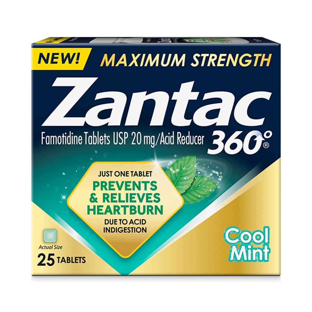 Zantac 360 Massima resistenza, Fresca zecca, 25 conte, Prevenzione di bruciore di stomaco e sollievo, 20mg compresse