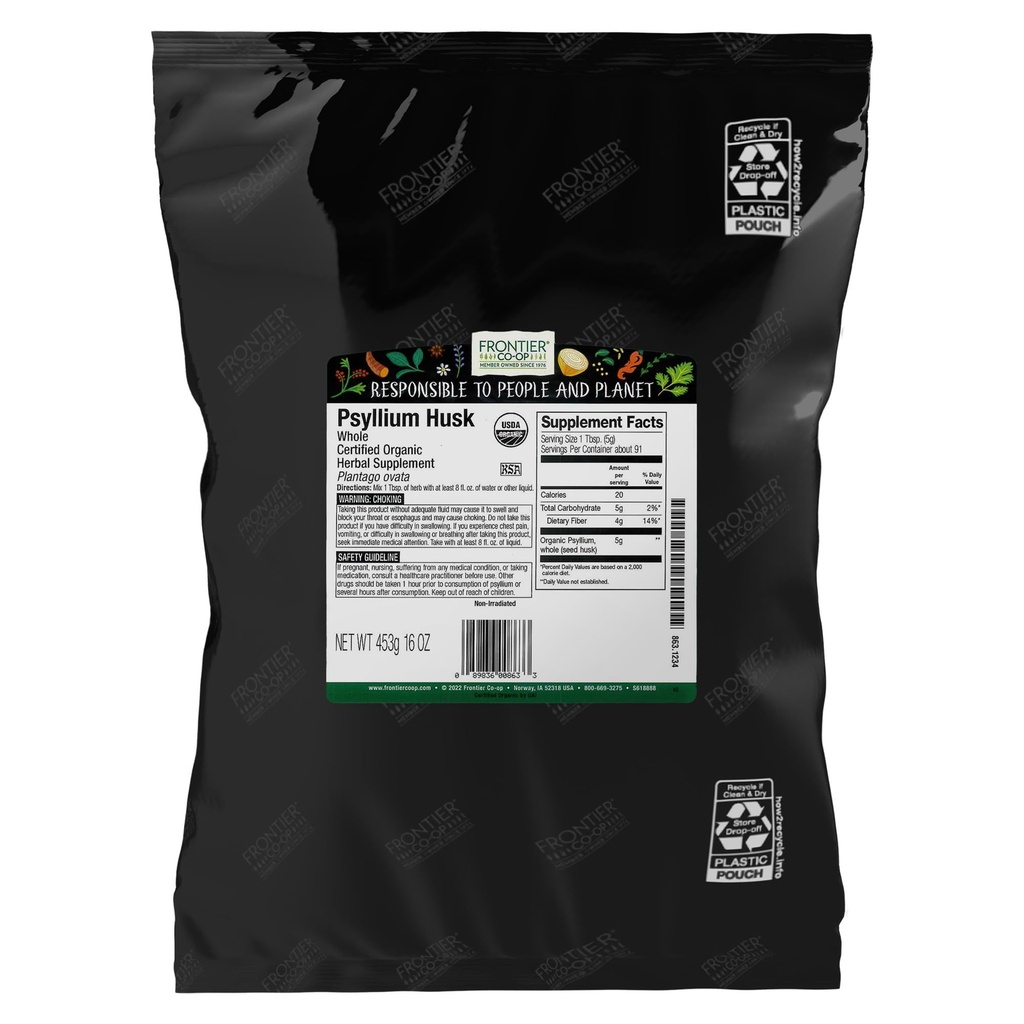 Frontier Co-op Organic Psyllium Husk 1lb - Whole Psyllium Husk, Organic & Kosher - Psyllium Husk Fiber per cuocere, Psyllium Nutritional Supplement for Digestion, Psyllium Husk Powder Bulk