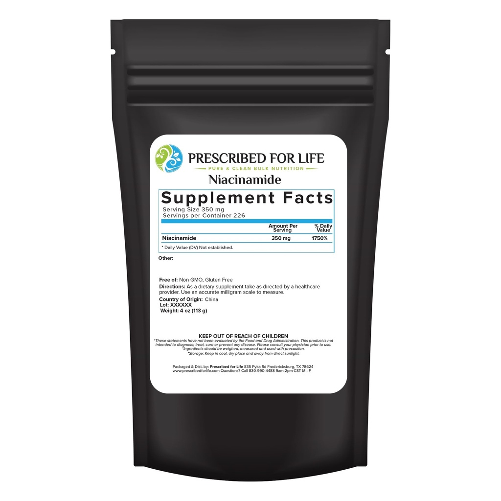 Prescritto per la polvere di Niacinamide di vita (B-C), polvere di vitamina B3 del grado di USP fine, supplemento naturale di Nicotinamide, senza glutine, non OGM, Vegan, Niacinamida Pura (4oz / 113g)
