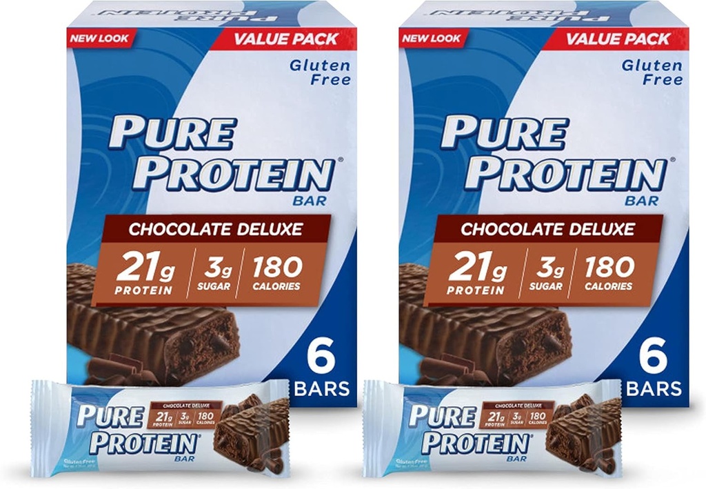 Pure Protein Bars, High Protein, Snack Nutritious per sostenere l'energia, Basso zucchero, Gluten Free, Chocolate Deluxe, 6 Count (Pack of 2)