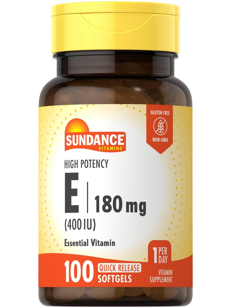 Sundance Vitamin E 180mg (400 IU) | 100 Softgels a rilascio rapido | Formula ad alta potenza | Non OGM e Gluten Supplemento gratuito