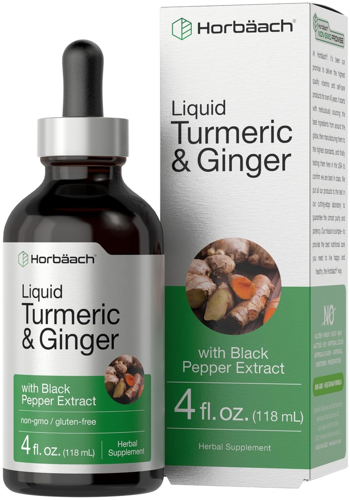Gocce di supplemento di Horbaach Turmeric e Ginger | 4 fl oz | con estratto di pepe nero | Tintura liquida di erbe | Vegan, Non OGM & Gluten Free
