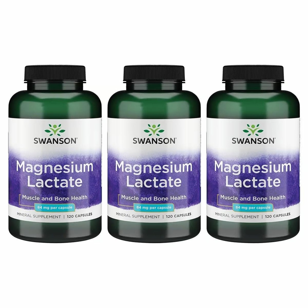 Lattato di magnesio di Swanson - Supplemento minerale Promuovere il muscolo e il sostegno della salute di Bone - Lattosio-Free Lattato Forma minerale per l'assorbimento di Gentle - (120 capsule, 84 mg ogni) 3 confezione