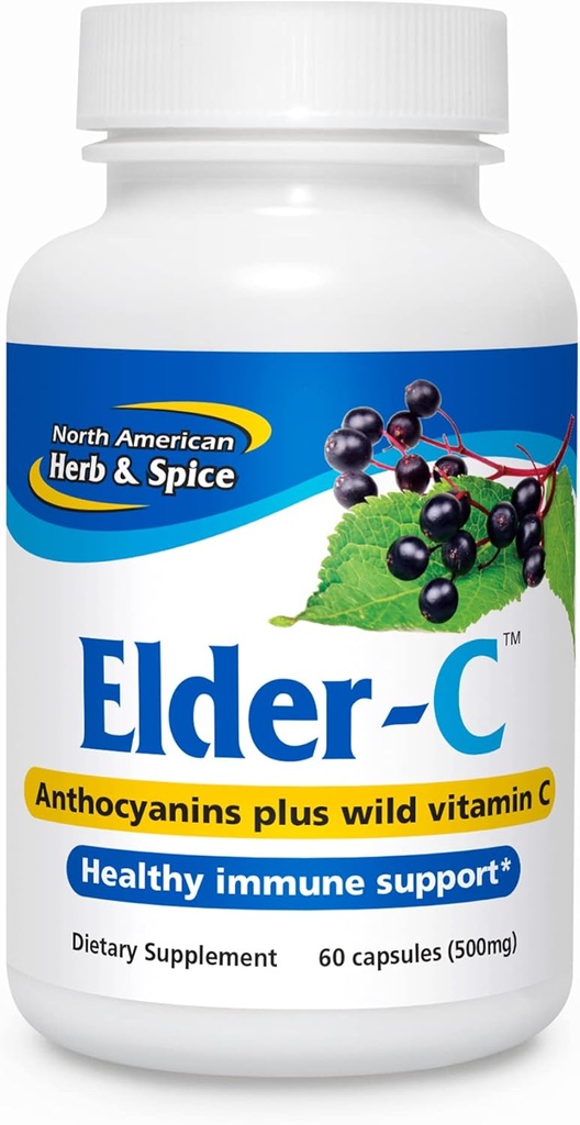 NORTH AMERICAN HERB & SPICE Elder-C - 60 capsule - Concentrato di sambuco - Supporto immunitario, Risposta respiratoria sana - Contiene Oreganol P73 - Non OGM, Gluten Free - 30 Serve