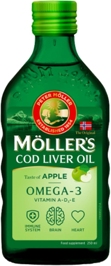 Olio di Pesce di Moller Gusto Naturale Norvegese - Supplemento Dietetico, 8.45 fl oz (Lemone, Mela, Frutta, Flavori Naturali) (250 ml, Non aromatizzato (Naturale))