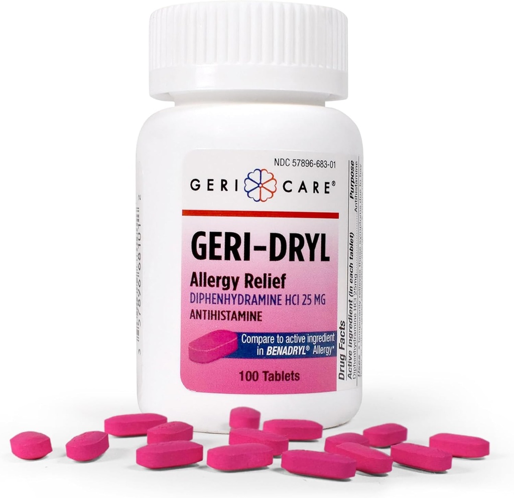 Geri-Dryl Allergy Relief Tablets (100 Conte) di GeriCare| Diphenhydramine HCI 25mg Antihistamine Tablets for Sneezing, Runny Nose, Itchy Throats & Eyes| Anti-Allergy Medicine for Adults & Kids