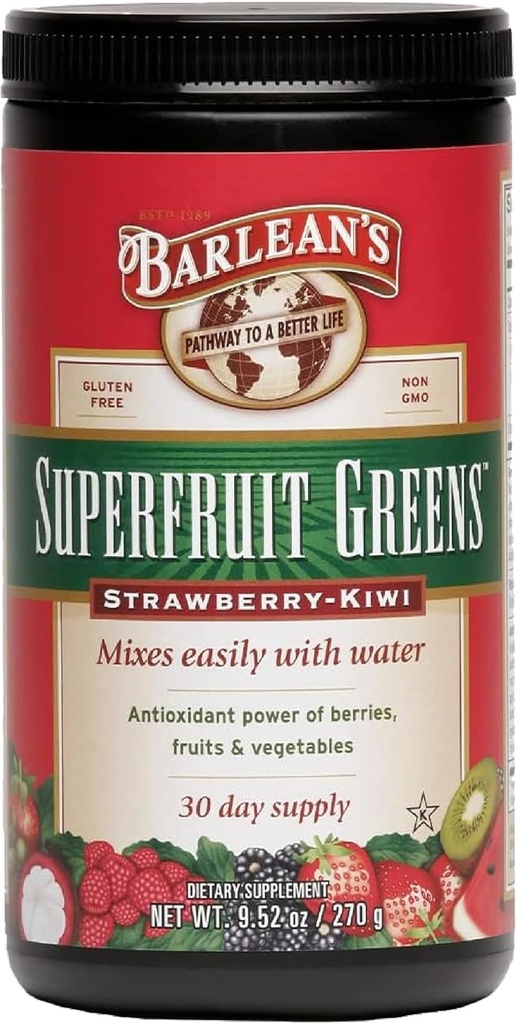 Polvere di Superfruit Greens di Barlean con il potere antiossidante di bacche, frutta e verdura – aroma di Kiwi di fragola - Vegan, non OGM, senza glutine - 9.52 oz