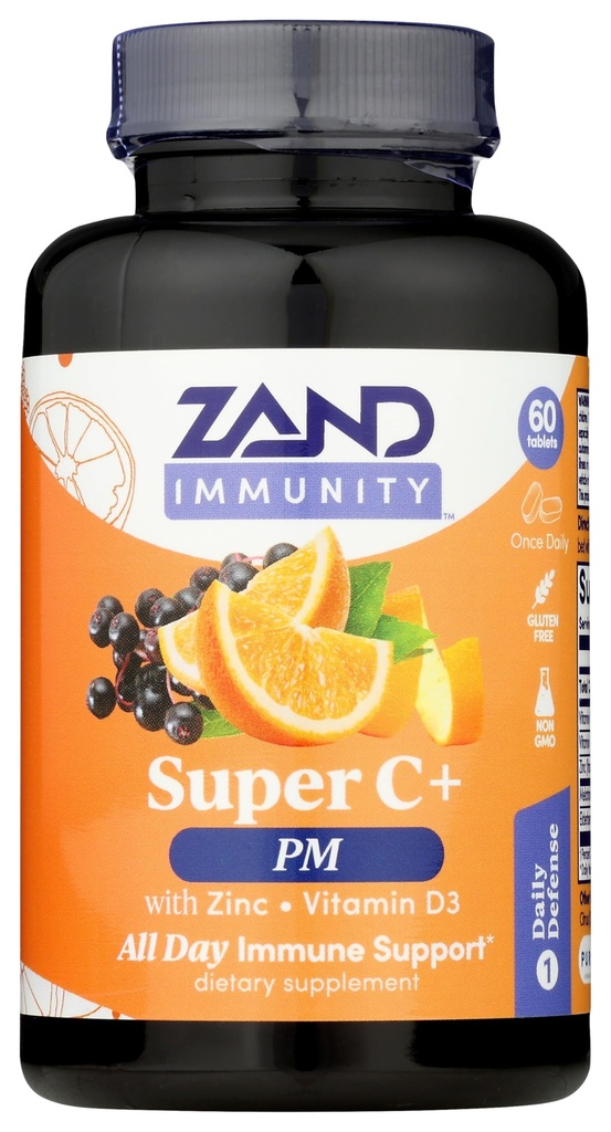 Zand Immunity Super C+ PM, Nighttime Immune Support Plus Melatonina, 1000mg PureWay-C Vitamin C, Zinco, D3 & Elderberry, Assorbimento potenziato - 60 compresse, 30 Serve