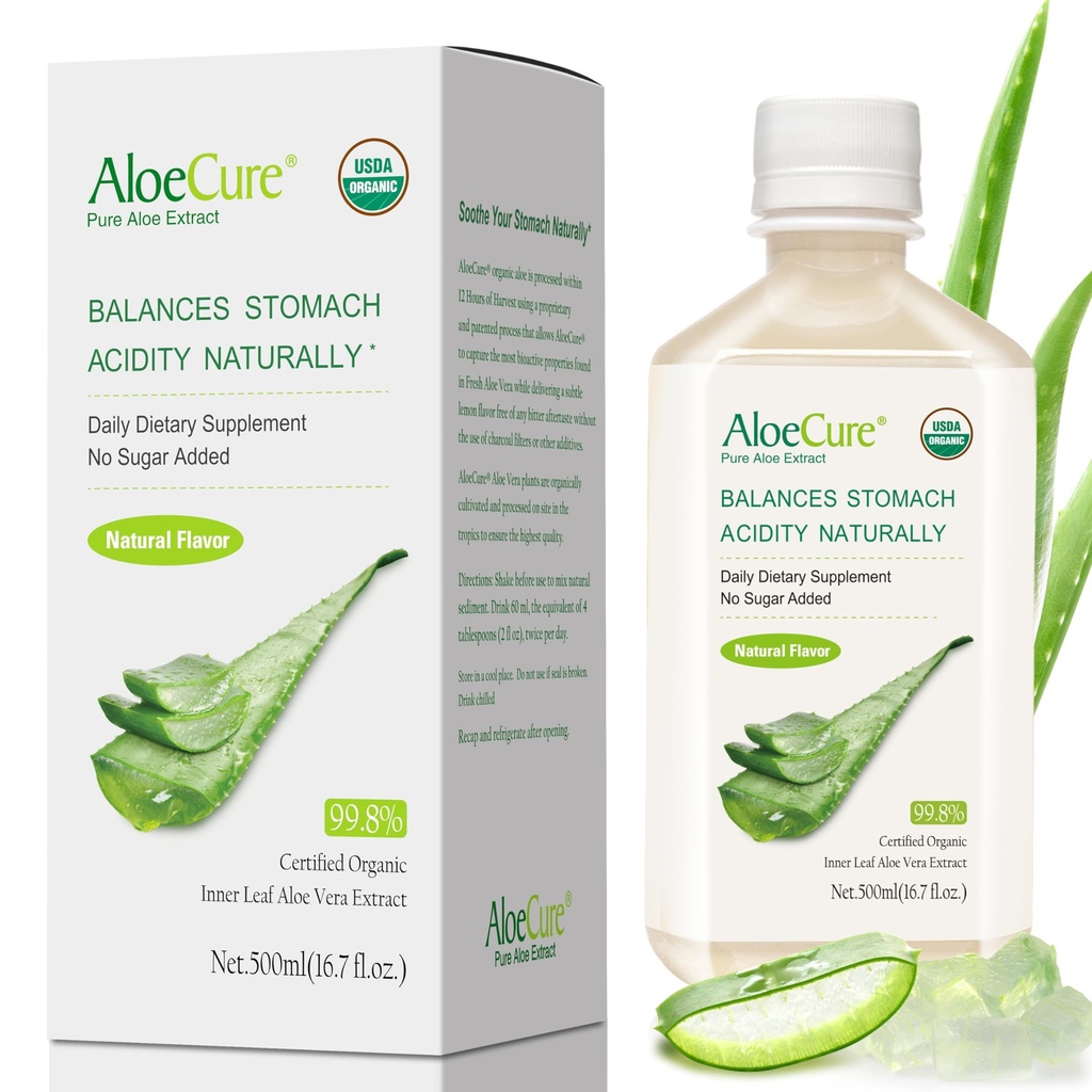 AloeCure USDA Organic Aloe Vera Juice Made In 12 Hrs of Harvest - Pure Aloe Juice Integratore digestivo naturale per sostenere la digestione, il sistema immunitario e l'acidità di stomaco bilanciata, bottiglia da 500ml