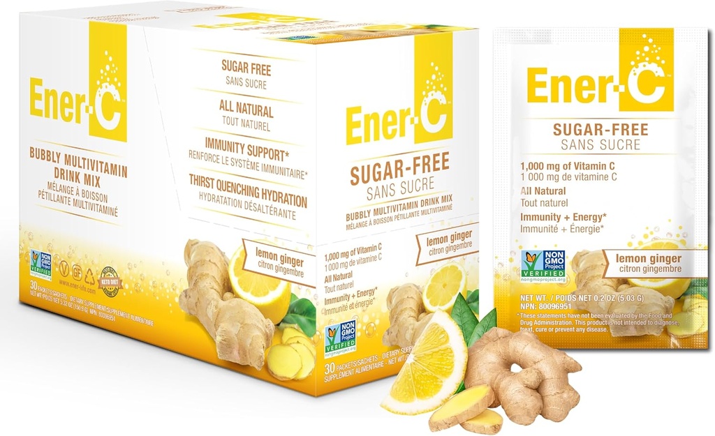 Ener-C Sugar Free Lemon Ginger Multivitamin Drink Mix, 1000mg Vitamina C, Non OGM, Vegan, Vernici Succhi di Frutta, Supporto Naturale Immunità, Elettroliti, Gluten Free, 1-Pack di 30