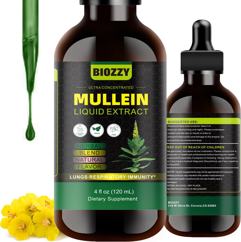 Gocce di Mullein generiche per polmoni | Estratto di foglie di Mullein per il supporto respiratorio e polmoni | Mullein Extract Supplement Liquid