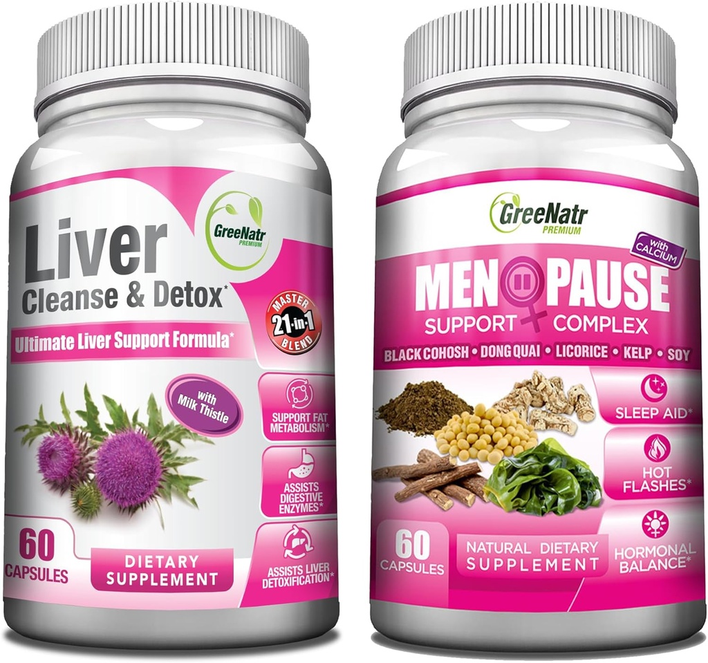 GreeNatr Synergic Bundle - Herbal Menopause Complesso di supporto per Flash Hot, Night Sweats & Mood Swings Relief Plus Total Liver Revitalization with Our Synergistic Liver Cleanse