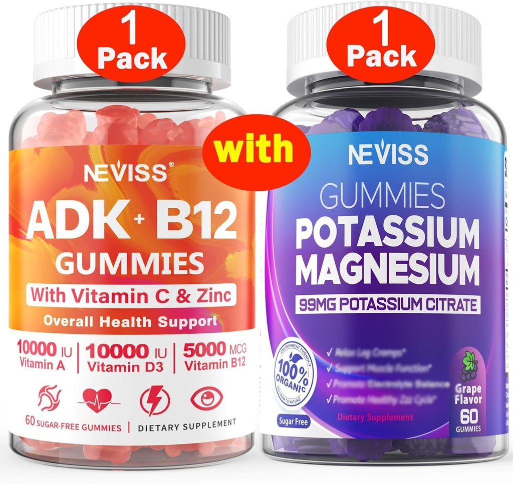 NEVISS 1Pack Vitamin ADK con B12 + 1Pack Potassium Magnesio Gummies