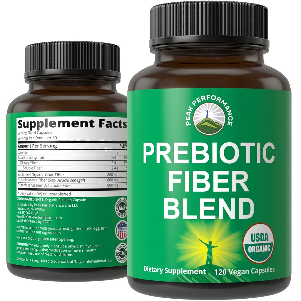 USDA Organic 3-in-1 Fibra Prebiotica - Capsule Vegan per Gut, Salute Digestiva. Integratore di pillole prebiotici a base di piante alimentari integrali crudi con Inulin (Jerusalem Artichoke), Fibre di Acacia, SunFiber