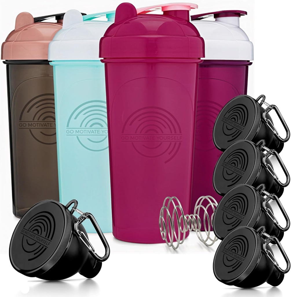 GOMOYO Fitness Bundle - 4-Pack Shaker Bottiglie con Agitator + 5-Pack Protein Funnels con Carabiner, BPA-Free & Lavastoviglie Sicuro