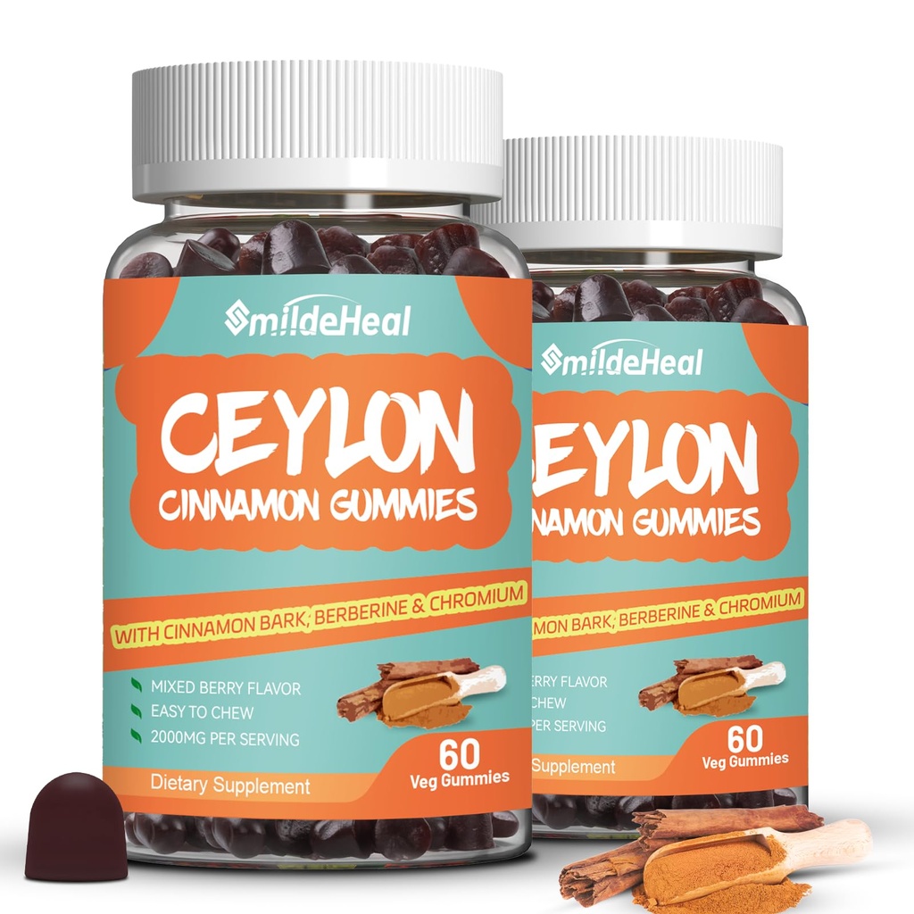 2 Confezione Zucchero Ceylon Cinnamon Gummies 2000MG, Integratore di cannella con Cromo e Cinnamon Bark, Vegan, Non OGM, Gluten Free, 120 Gummies