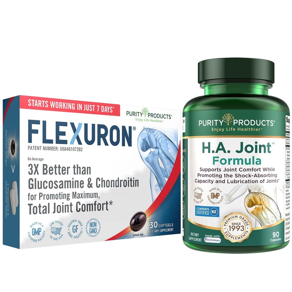 Prodotti di purezza Formula Joint Flexuron + H.A. Joint Flexuron (olio secco, acido ialuronico a basso peso molecolare, astaxantina) - Joint HA (BioCell Collagen, Boswellia Serrata, Quercetin, H.A. + More)