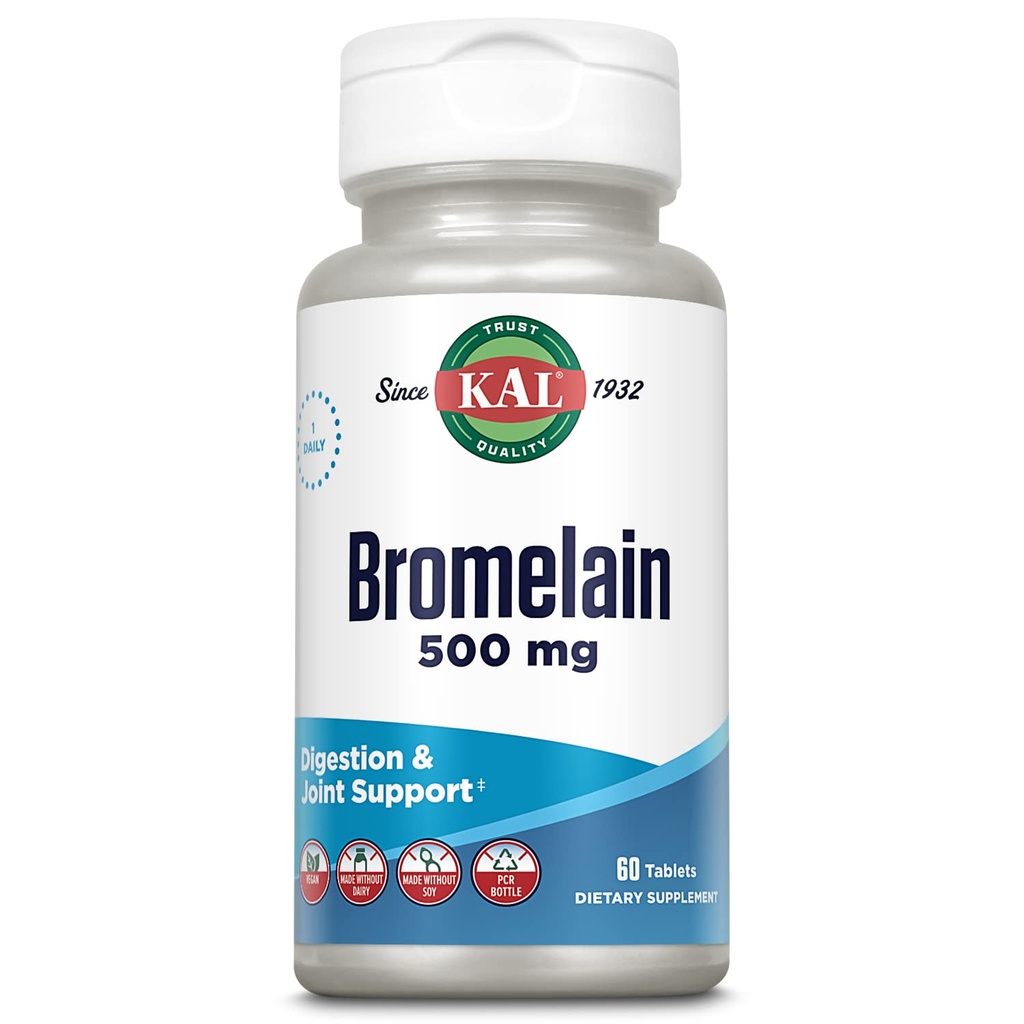 KAL Bromelain 500 mg, Digestione e Supporto Congiunto Supplemento, Enzimi Digestivi, Estratto di Ananas, Rapid Disintegrazione, Vegan, Fatto Senza Latticini o Soia, Lab verificato, 60 Serve, 60 compresse