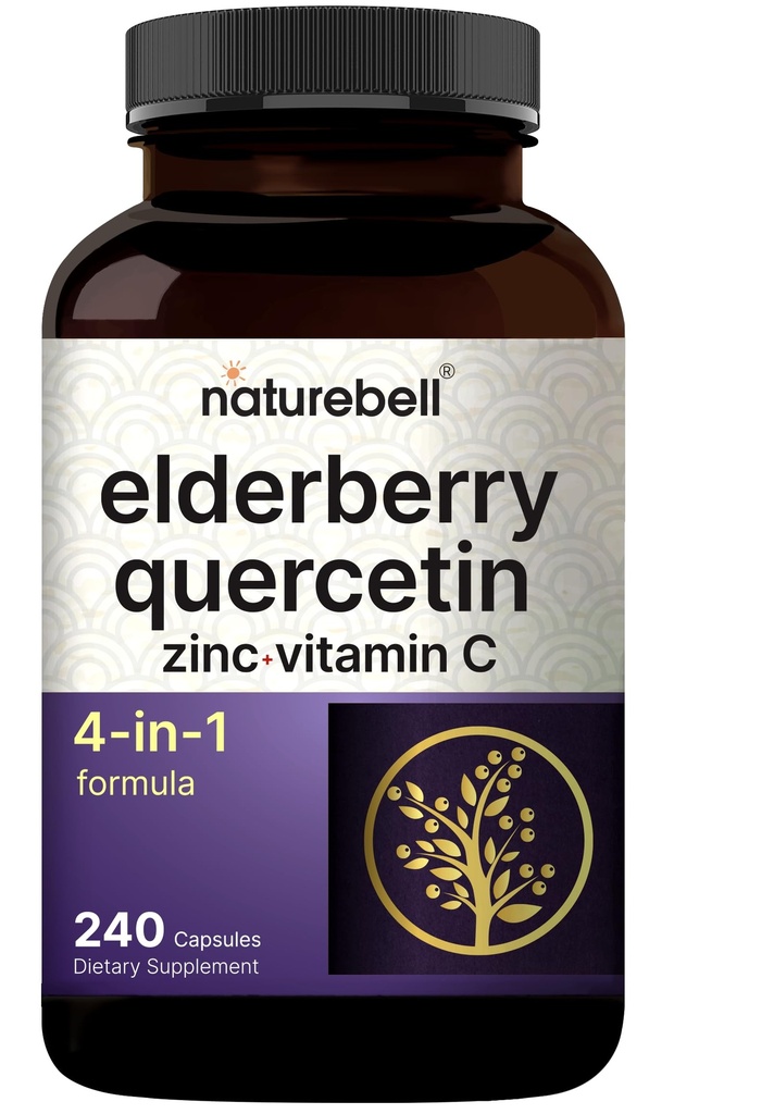 NatureBell Sambucus Elderberry Capsule, 5000mg Per Servere con Quercetin 500mg, Vitamina C e Zinco, 240 Count | Estratto di frutta di sambuco nero europeo – 4 in 1 Integratori di supporto immunitario