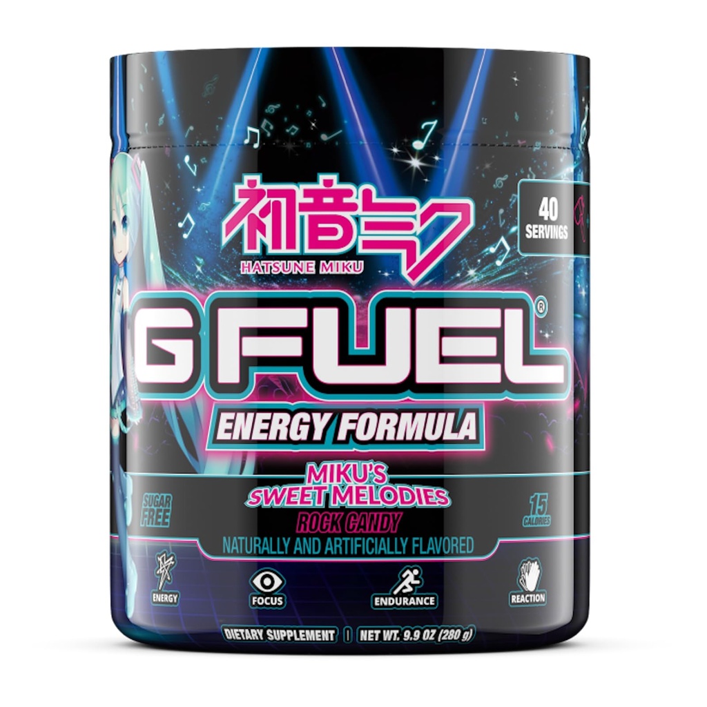 G Fuel Sweet Melodies Hatsune Miku Energy Drink Powder, Pre Workout Caffeine Mix for Gaming, Sugar Free Focus Amino, Vitamina + Antiossidanti, 9.9oz (Rock Candy, 40 Servings)