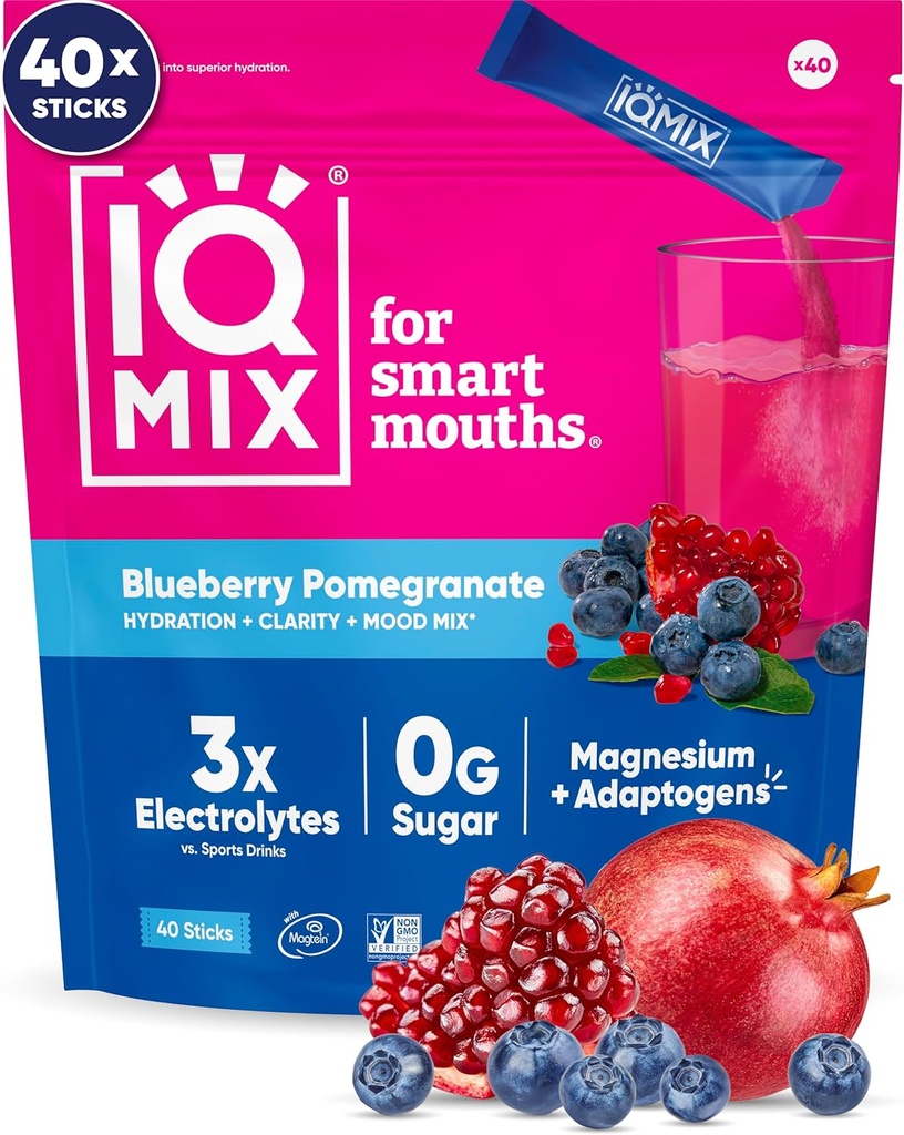 IQMIX Hydration Electrolyte Powder – Formula 4-in-1 per l’idratazione, la consistenza mentale, l’umore e il recupero – Miscela di bevanda senza zucchero, Keto, Magnesio L-Threonate, Lion’s Mane – 40 Count Blueberry Pomegranate