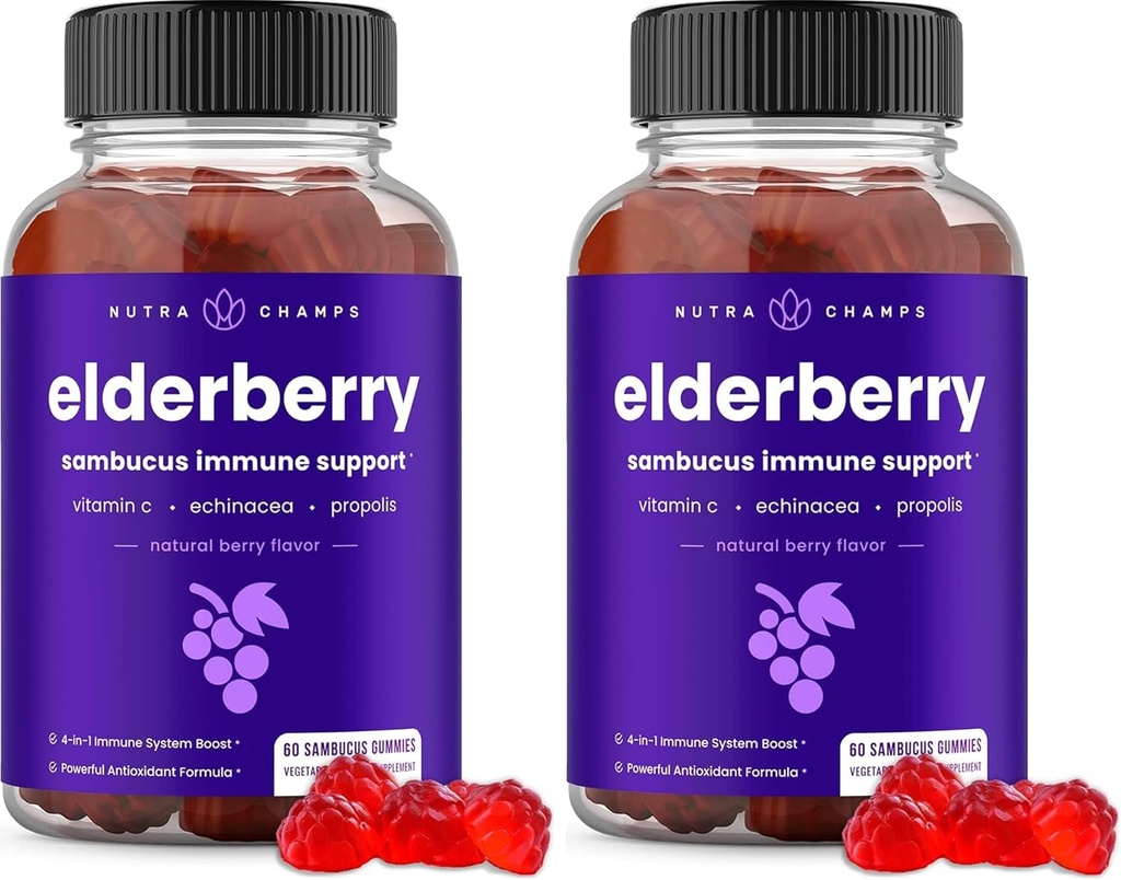 NutraChamps Elderberry Gummies con vitamina C, Propolis & Echinacea - Sistema immunitario Supporta le vitamine della pancia per adulti e bambini - Max Strength 200mg Sambucus Antiossidante (Pack of 2)