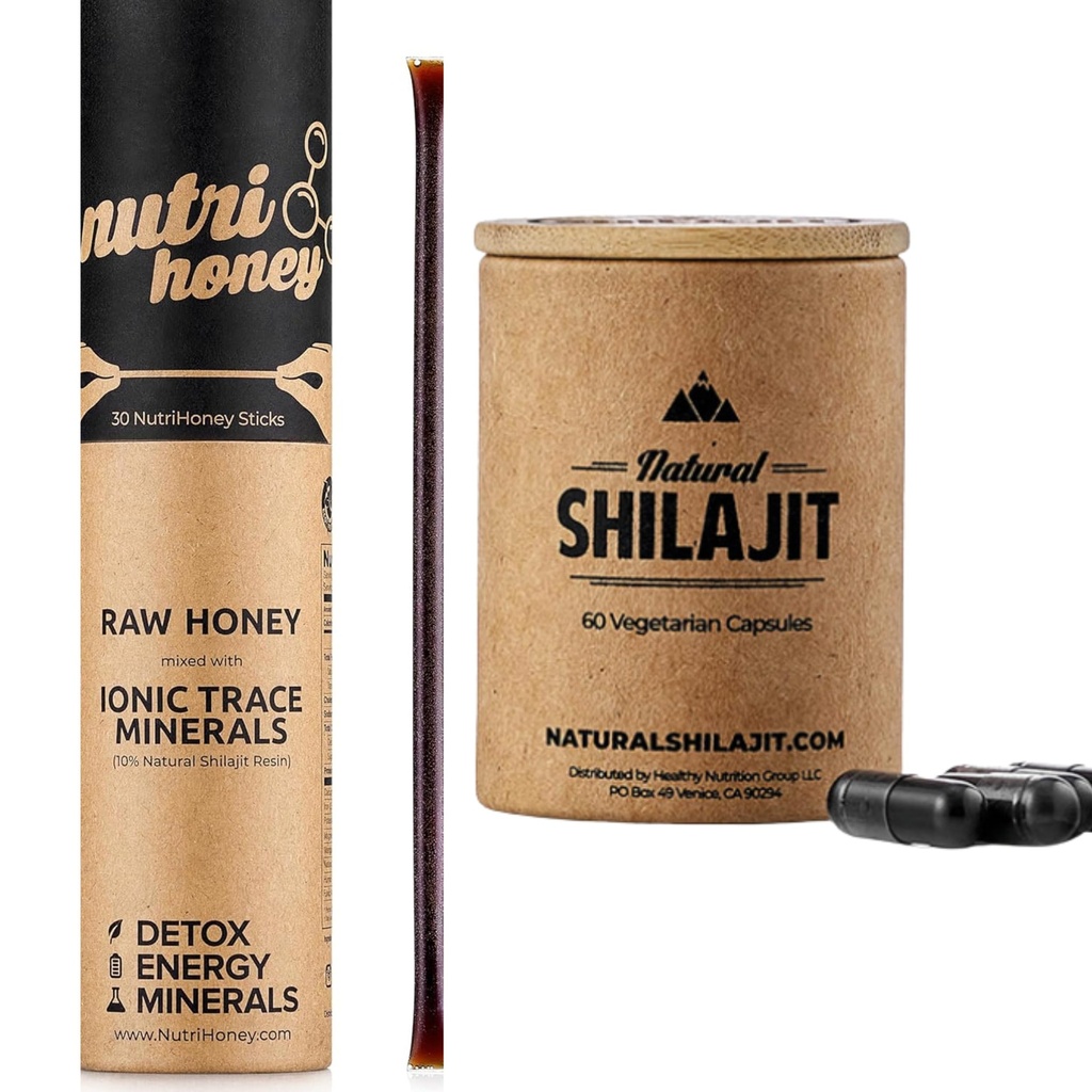 Capsule SHILAJIT NATURALI (1-2 Mesi di Alimentazione) | 60 Conte & Shilajit Honey Sticks Resina Mescolato con miele crudo (30 Sticks)