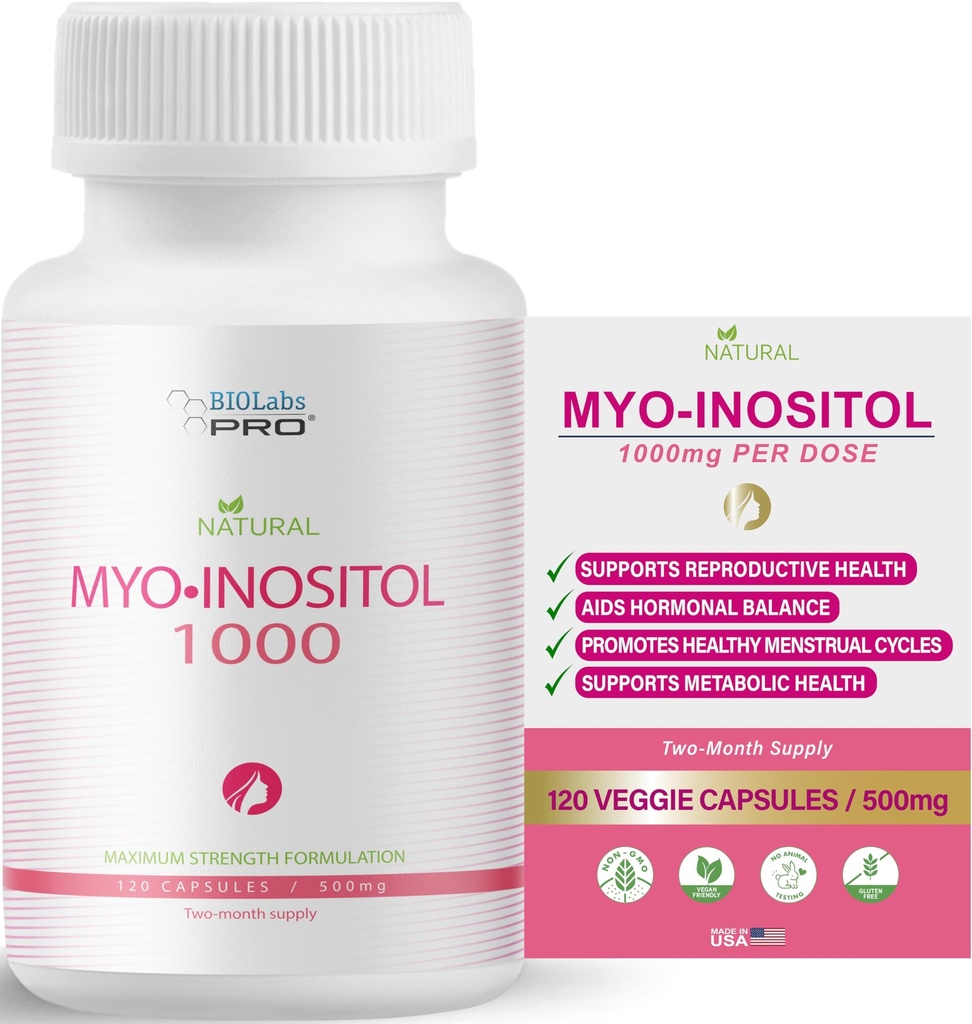BIOLABS PRO Myo-Inositol Supplement 1000mg – Supporto Dietetico Naturale per la Salute Cellulare & Wellness, Premium Non OGM, Gluten-Free, Kosher Certified, Paraben-Free - (120 Caps - 2-Month Supply)