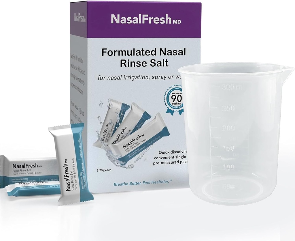 NASALFRESH MD - Saline Packets - Quick Dissolving - Single Use - Pre-Measured - Irrigazione nasale - Individualmente Wrapped (3.75g/1.3oz) - 90 Count Refill Packets - 300mm Cup