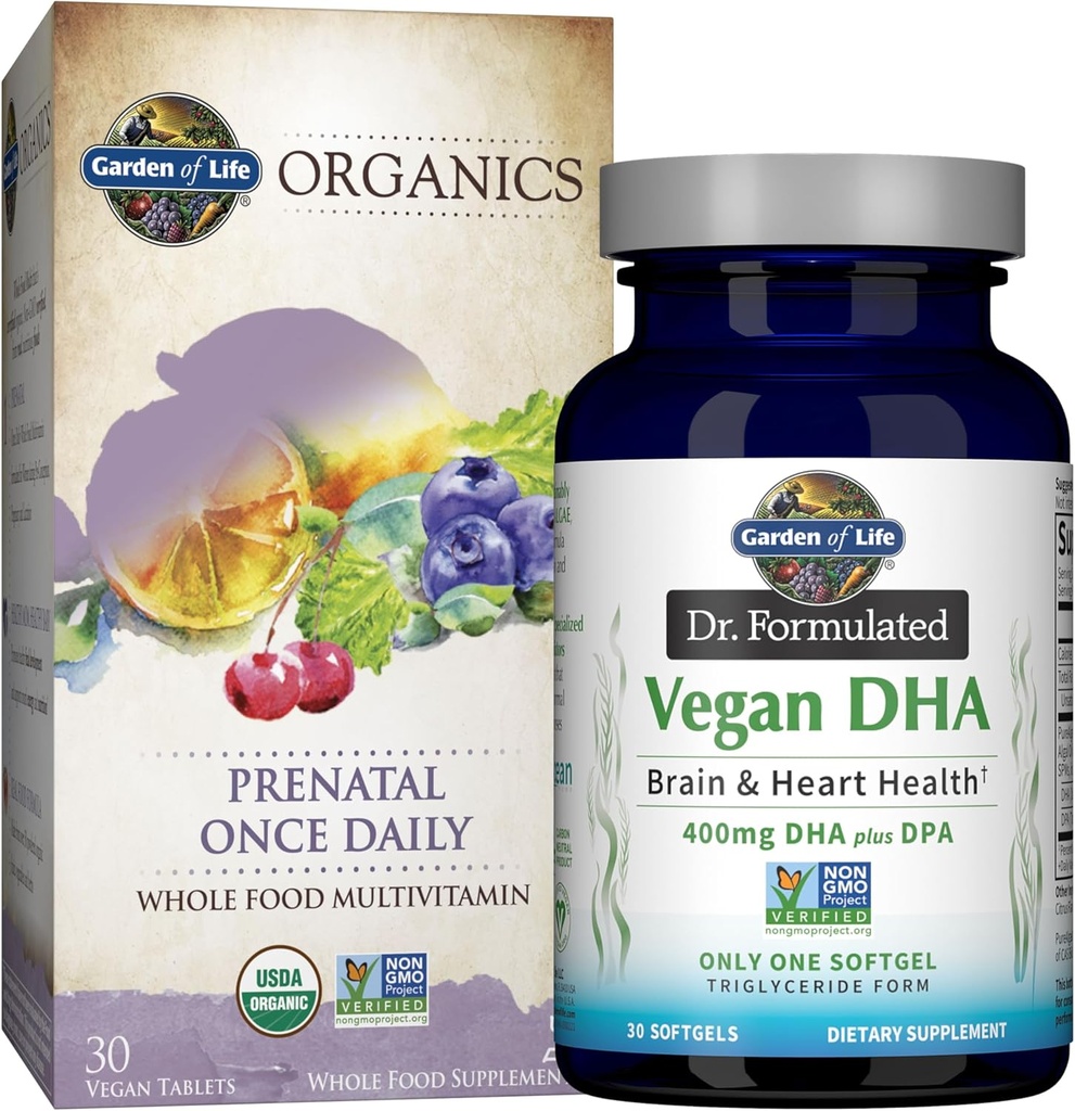 Giardino della vita Una volta Daily Vegan DHA + Prenatal Multi Bundle: Dr Formulated Vegan DHA 30 Softgels + Organics Prenatal Una volta Giornaliero Multivitaminici con Folate per la salute prenatale delle donne, 30 compresse