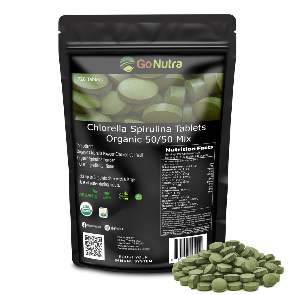 Go Nutra Organic Spirulina Chlorella Tablets 50/50 Blend | Nutrient Dense Superfood - Vegan Protein, Chlorophyll, Enzymes | 500mg Ogni clorella Spirulina Tablets, 720 Conte, 4 Mese di alimentazione