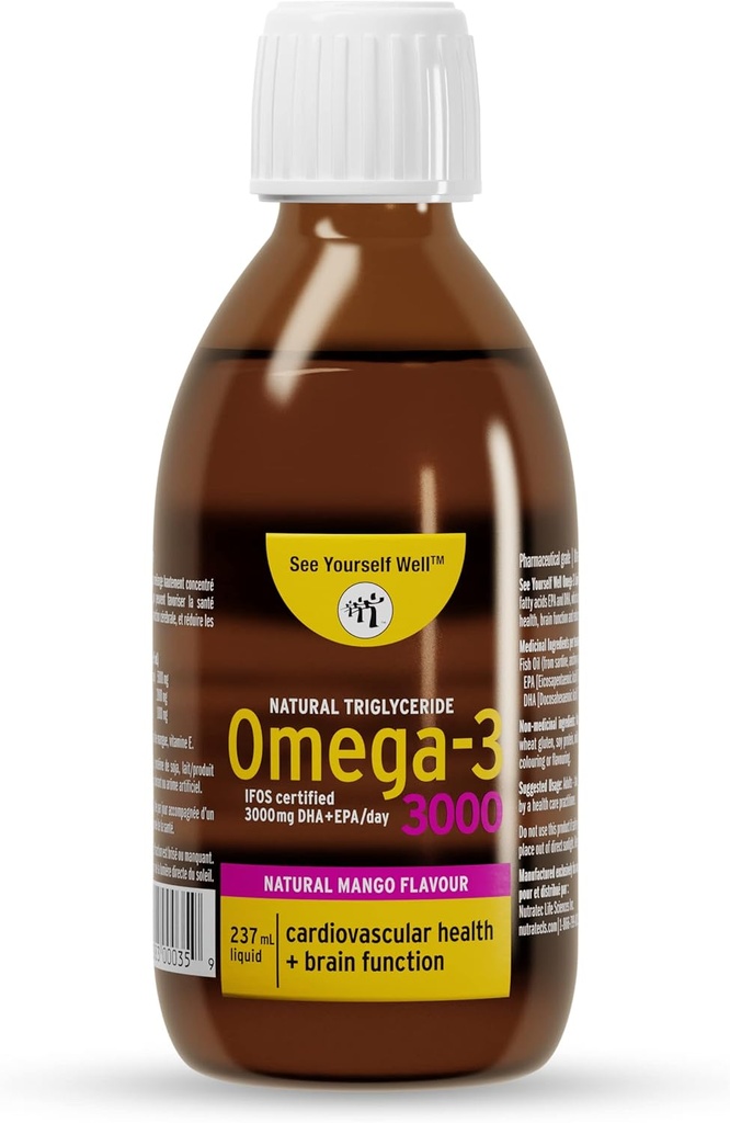 Liquido Omega 3 Fish Oil - Alta potenza. Promuove cervello, occhio, cuore e salute immunitaria. Trigliceride naturale. 237ml / 8oz - 48 Serve. Mango