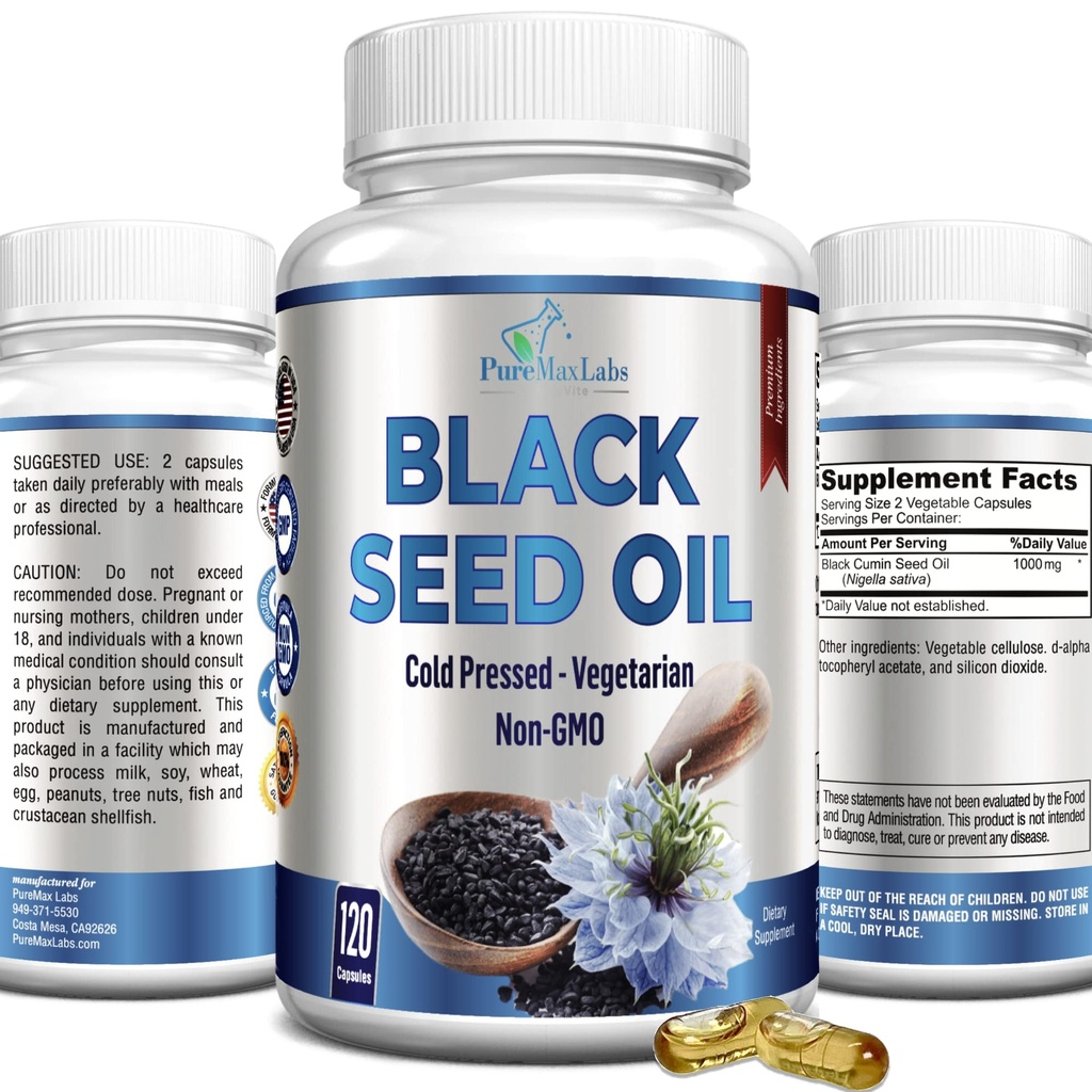 Olio di semi nero pressato a freddo - 120 capsule, Olio di semi di cumino nero puro Sativa Premium Nigella Sativa con vitamina E, per capelli, pelle e salute immunitaria - Capsule non OGM 120
