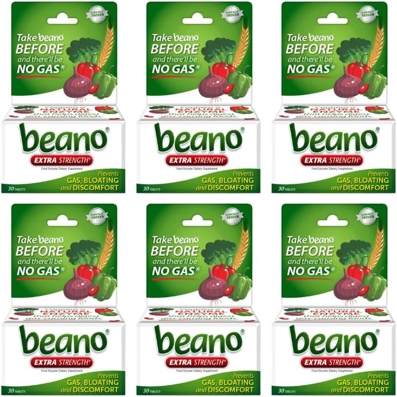Beano Extra Forza, Integratore Dell'Enzima Digestivo, Previene Gas, Bloating e Discomfort (Packaging May Vary) 30 Contare Ogni (Pack of 6)