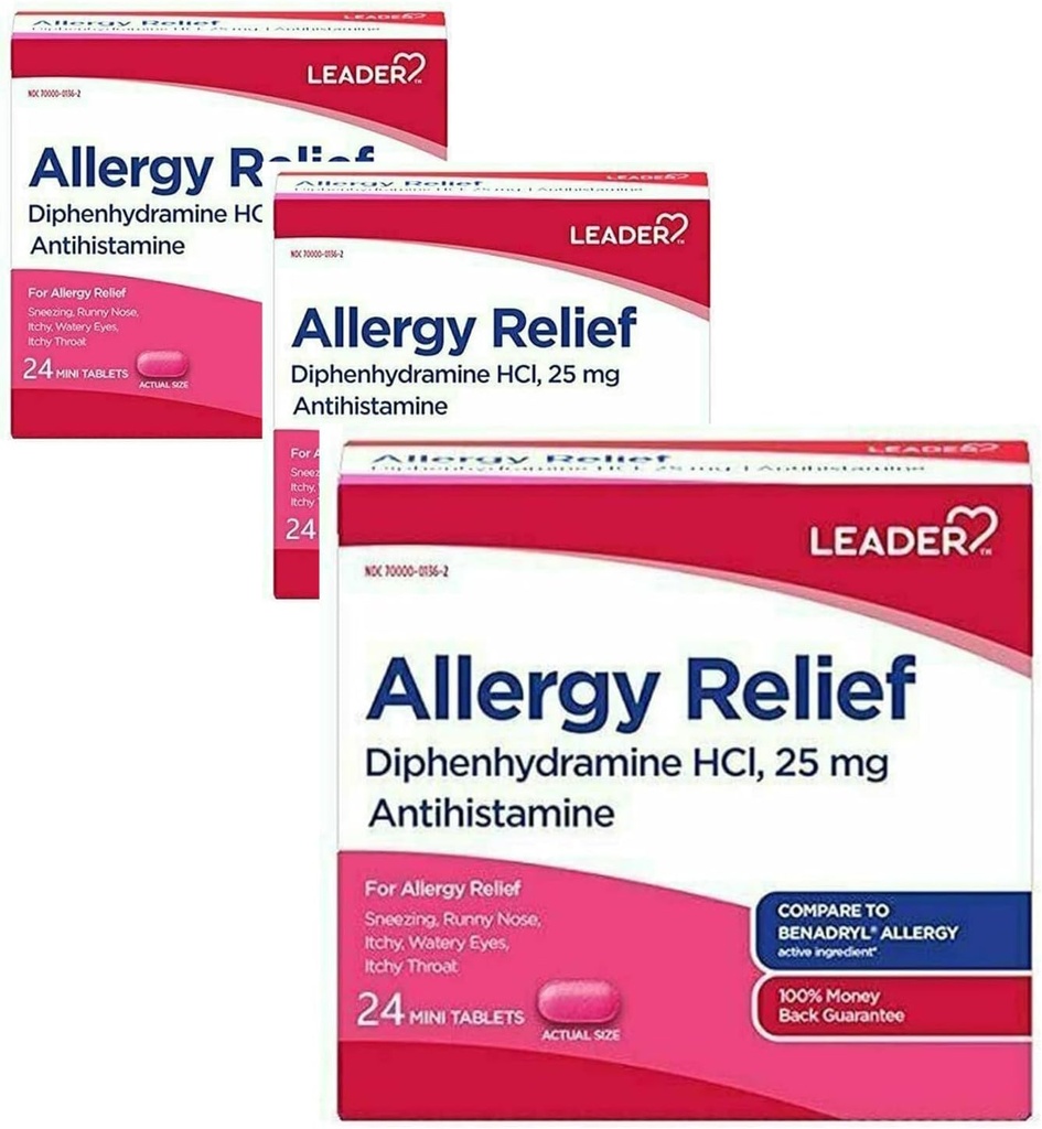Leader Antistamina Allergy Relief Diphenhydramine HCl, 25mg Mini Tablet, 24 Count Pack di 3