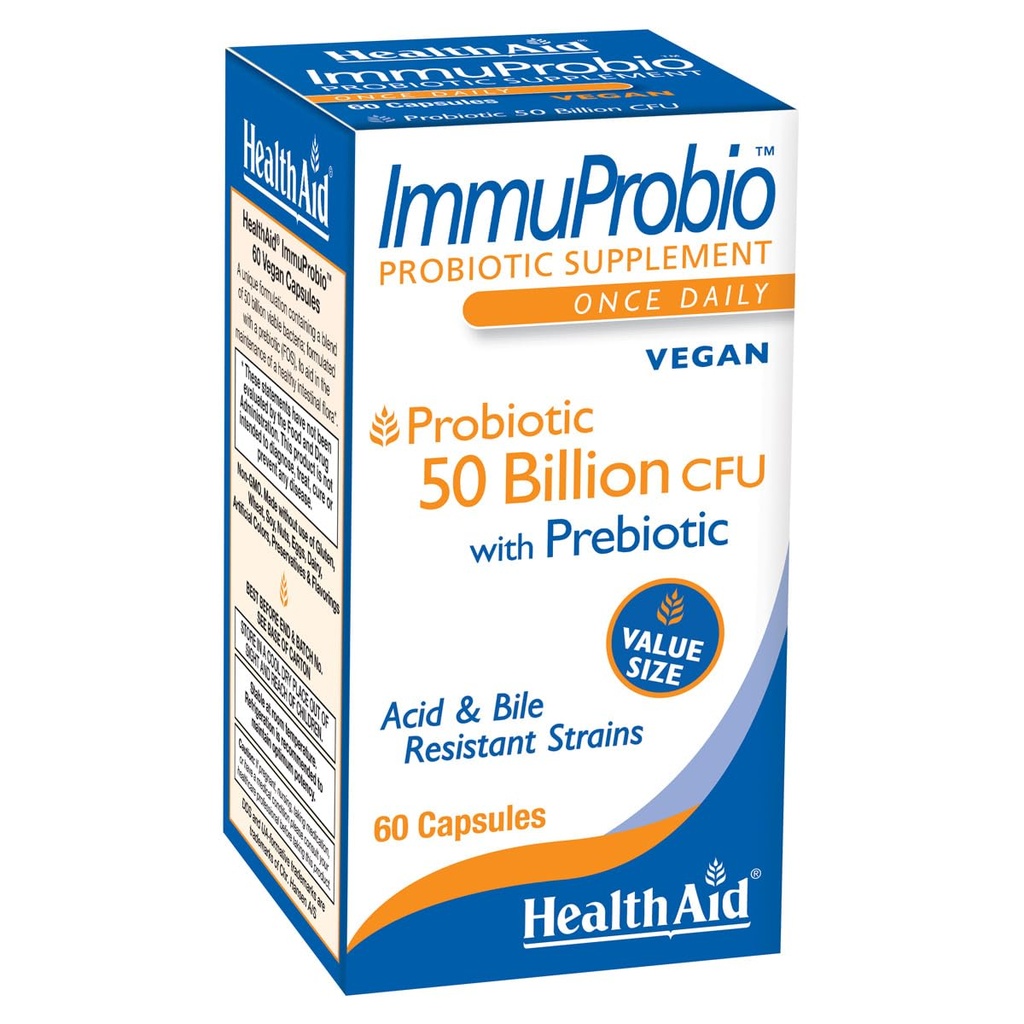 HealthAid ImmuProbio 60 Caps - 50 miliardi di CFU con Prebiotici, Una volta Quotidiano, Acid & Bile Resistant Strains, Vegan